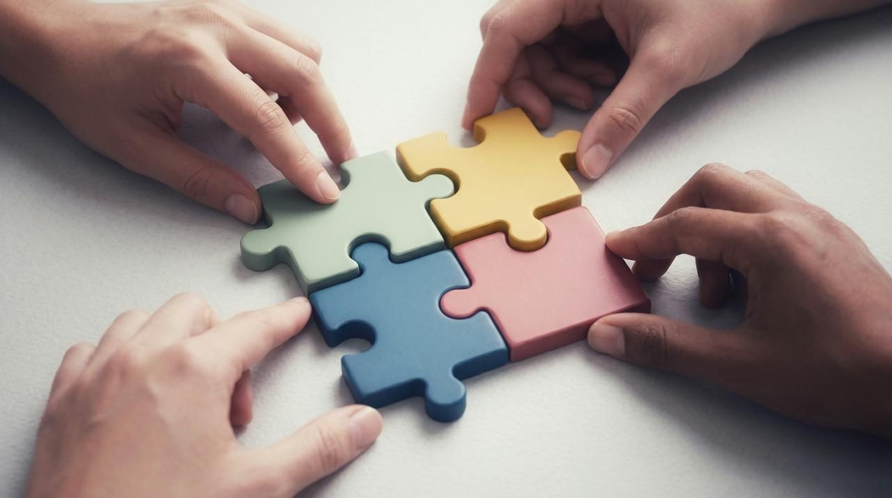 Four pairs of hands fitting puzzle pieces together