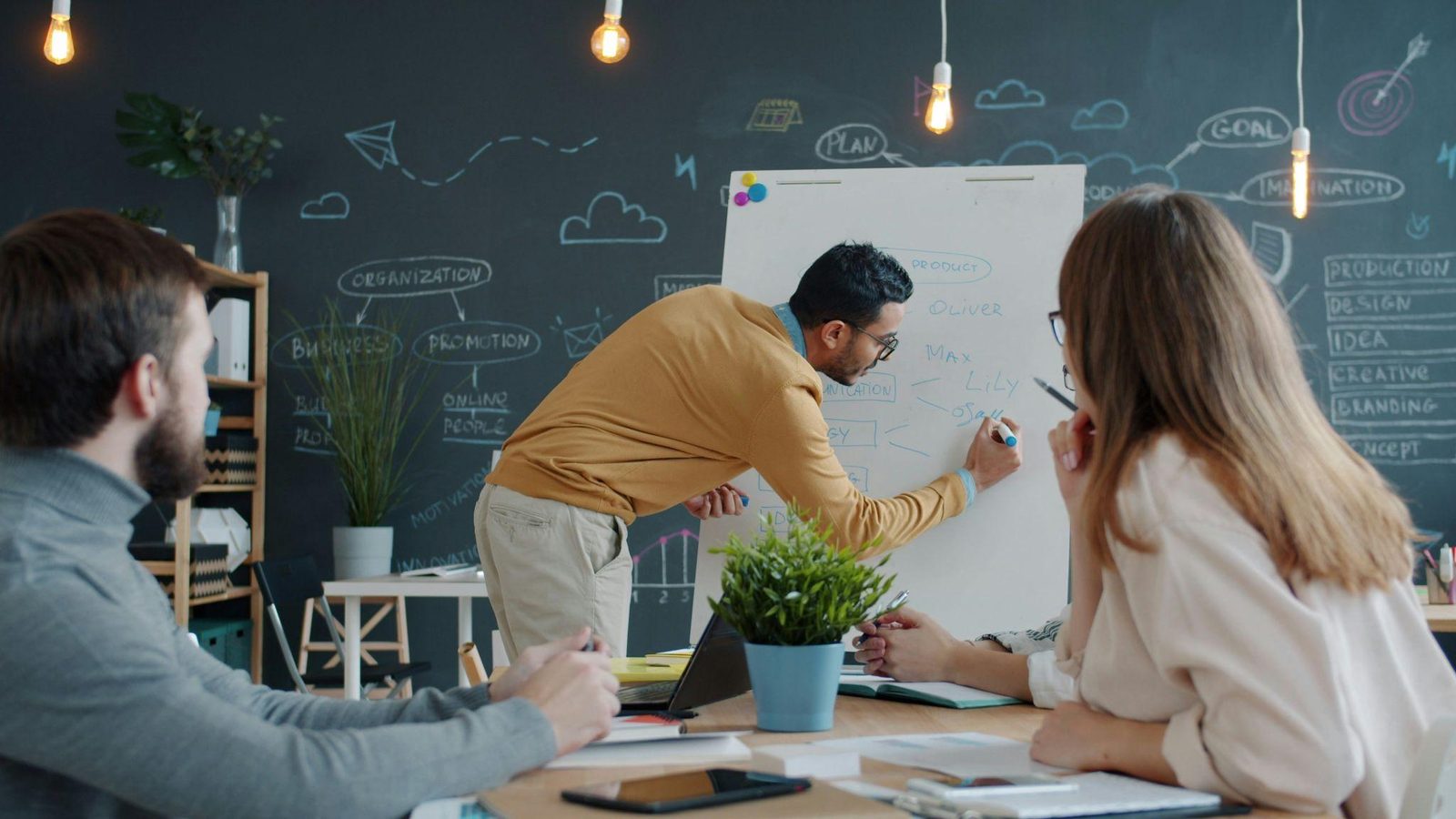 Someone mapping ideas on a flip chart while two others watch